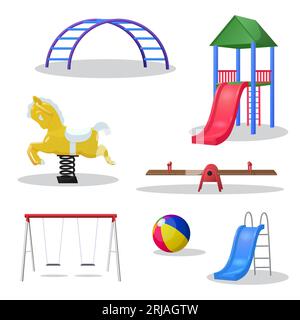 Elementi per parco giochi per bambini, attrezzature per giochi con cartoni animati. Diapositive, altalene, sfera, molla, illustrazione vettoriale Illustrazione Vettoriale
