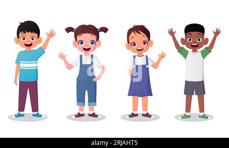 Simpatici carini carini cartoni animati che salutano e salutano in varie pose, Happy Boys and Girls with Hands Raised Vector Illustration Illustrazione Vettoriale