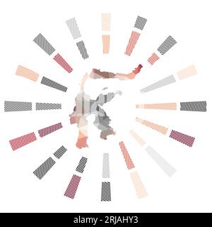 Sulawesi Sunburst. Basse razze a strisce poly e mappa dell'isola. Straordinaria illustrazione vettoriale. Illustrazione Vettoriale