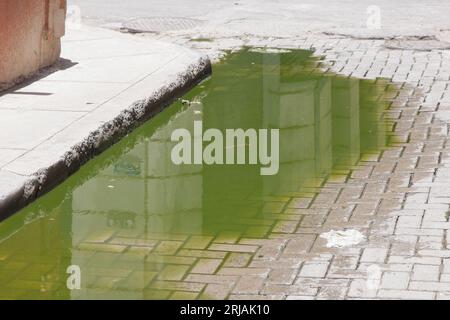 L'Avana, Cuba, acqua sporca stagnante in una strada acciottolata. Pozzanghere non igieniche causate da perdite di acque reflue. Foto Stock