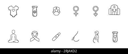 Icona della linea della maternità. Ospedale, allattamento al seno, provetta, test di gravidanza, festa di genere. Icona con linea nera vettoriale su sfondo bianco per Business Illustrazione Vettoriale