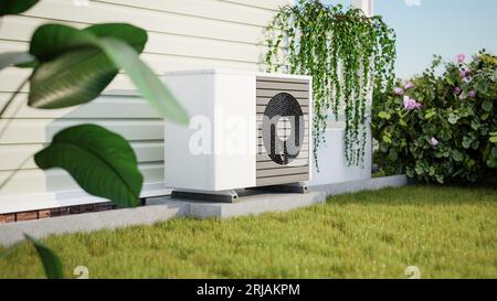 Rendering 3d fotorealistico di una pompa di calore fittizia a sorgente d'aria montata su una base in cemento con smorzatori di vibrazioni all'esterno di una casa. Rose Bush, Foto Stock