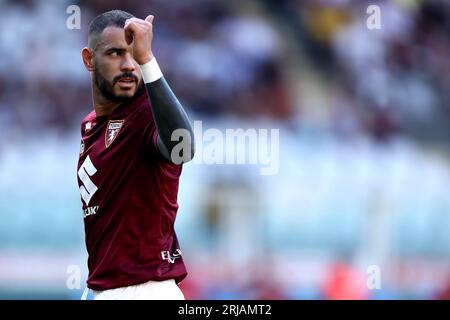 Torino, Italia. 21 agosto 2023. Antonio Sanabria del Torino FC gesti durante la partita di serie A tra Torino FC e Cagliari calcio. Crediti: Marco Canoniero/Alamy Live News Foto Stock