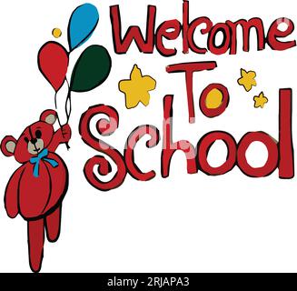 Disegnato a mano benvenuto a scuola Cartoon art con sfondo bianco e design creativo Illustrazione Vettoriale
