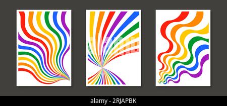 Set di stampa linee onda arcobaleno. Collezione di poster colorati astratti. Confezione di sfondi psichedelici con effetto ondulato geometrico. Pacchetto di modelli per il mese dell'orgoglio e per i diritti lgbt. Illustrazione vettoriale Illustrazione Vettoriale