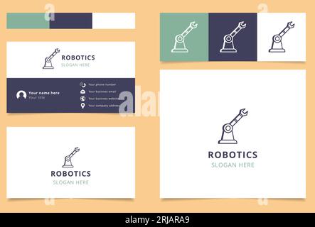 Logo robotica con slogan modificabile. Libro di branding e modello di biglietto da visita. Illustrazione Vettoriale