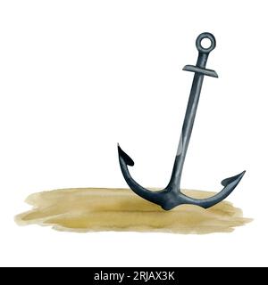 Ancoraggio in acciaio ad acquerello nella sabbia del fondale marino illustrazione isolata su sfondo bianco. Un semplice relitto nautico disegnato a mano. Foto Stock