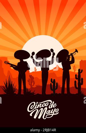 Cinco de mayo Holiday, sagome di musicisti messicani di mariachi al tramonto nel deserto. Poster vettoriale verticale con tre uomini che indossano sombrero che gioca a maraca Illustrazione Vettoriale