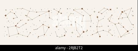 Bordo della costellazione di stelle spaziali. Mappa del cielo della galassia notturna, astrologia mistica. Grafico vettoriale che mostra le posizioni degli oggetti celesti visibili nel cielo notturno. Illustrazione Vettoriale