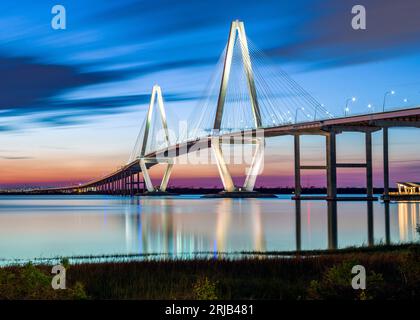 Arthur Ravenel Jr Bridge, Sunset Charleston, Carolina del Sud, Stati Uniti d'America Foto Stock