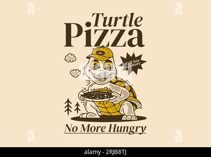 Pizza tartaruga, non più affamata, illustrazione del personaggio Mascot di una tartaruga che tiene una pizza Illustrazione Vettoriale