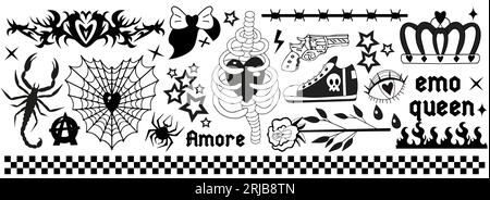 Adesivi estetici grunge emo gotici neri Y2K 2000, elementi per tatuaggi e slogan. Set punk rock cupo. Concetto gotico di amore inquietante. Vettore Illustrazione Vettoriale