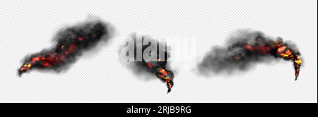 Fuoco con nuvole di fumo nero su sfondo trasparente. Realistica trama vettoriale di fiamme con pilastri di smog scuro o nebbia con polvere e particelle provenienti da esplosioni o fiamme. Illustrazione Vettoriale