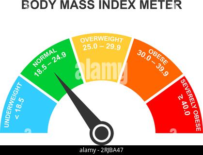 Misuratore dell'indice di massa corporea. Dashboard infografica BMI con freccia. Bilancia di misurazione del peso con intervalli sottopeso, normale, sovrappeso, obesi. Illustrazione vettoriale piatta. Illustrazione Vettoriale