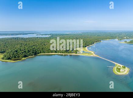 Vista aerea della capanna di legno Smith-Taylor, isola riparata, ny Foto Stock