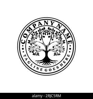 Stemma timbro albero famiglia emblema logo Oak Banyan Maple design vettoriale Illustrazione Vettoriale