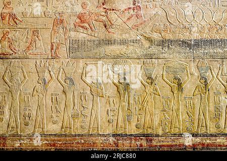 Frescoes in the Mastaba of Ti in Saqqara (or Sakkara), an ancient Egyptian burial ground, necropolis for the Ancient Egyptian capital, Memphis, Cairo Stock Photo