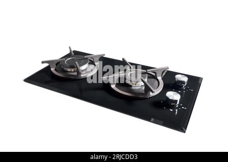 Piano cottura a gas in vetro temperato nero contemporaneo con due bruciatori con manopola di accensione automatica supporti per cassetti in ghisa e valvola di sicurezza fiamma attivata Foto Stock