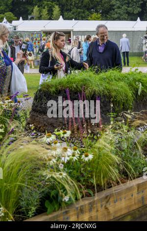 I visitatori guardano e chiacchierano sul design della partecipazione al concorso per i letti rialzati dell'orticoltura - RHS Tatton Park Flower Show 2023 Showground, Cheshire, Inghilterra, Regno Unito. Foto Stock