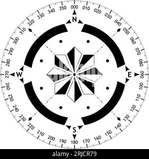 Bussola vettore rosa con quattro direzioni del vento e scala di 360 gradi. Simbolo di navigazione con rosa del vento astratta al centro. Illustrazione Vettoriale