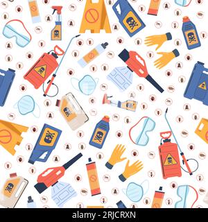 Motivo senza cuciture con repellenti per insetti. Spruzzare sostanze chimiche antiparassitarie. Attrezzature per la disinfezione professionale. Varie icone di bug. Cartone animato isolato Illustrazione Vettoriale