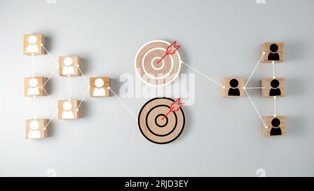 blocco di legno che stampa un collegamento di collegamento icona di destinazione con un'icona umana su sfondo bianco. Concetto di obiettivi e obiettivi aziendali. business compet Foto Stock