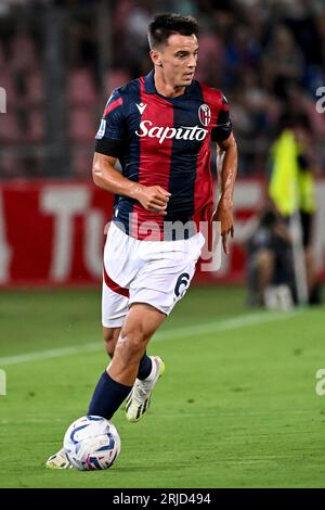 Nikola Moro del Bologna FC in azione durante la partita di serie A tra Bologna FC e AC Milan allo stadio Renato Dall'Ara di Bologna (Italia), A Foto Stock