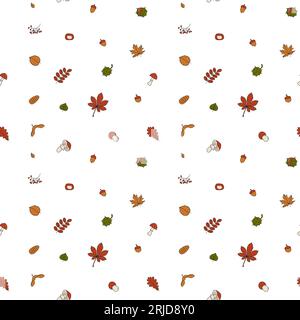 Motivo autunnale senza cuciture in colorato stile doodle. Foglie di foresta e funghi. Illustrazione vettoriale in uno stile semplice Illustrazione Vettoriale