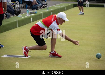 Bowling maschile ai campionati nazionali Aviva 2023, Leamington Spa, Warwickshire, Inghilterra, Regno Unito Foto Stock