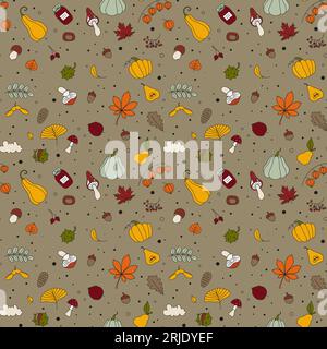 Motivo autunnale senza cuciture in colorato stile doodle. Illustrazione vettoriale semplice Illustrazione Vettoriale
