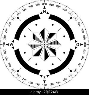 Bussola vettore rosa con quattro direzioni del vento e descrizione in tedesco est. Simbolo di navigazione con scala a 360 gradi e rosa del vento astratta. Illustrazione Vettoriale