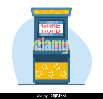 Macchina da gioco arcade retrò con messaggio game over sullo schermo. Attrezzature per il gioco d'azzardo con joystick e display. Video classico a 8 bit. Cartone animato Illustrazione Vettoriale