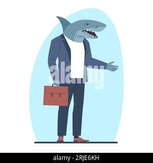 Squalo business in completo con valigia. Boss o manager di successo. Uomo in completo con testa di pesce. Lavoratore d'ufficio. Un umano forte e potente. Stile piatto Cartoon Illustrazione Vettoriale