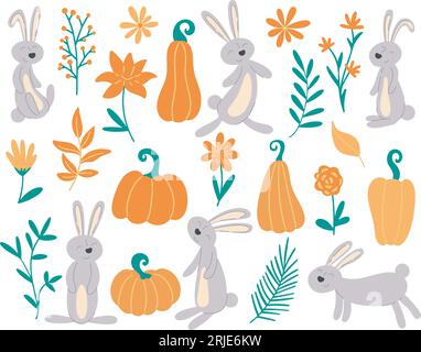 Deliziosi coniglietti, erbe e fiori in autunno. Collezione autunnale disegnata a mano con conigli ed elementi botanici. Lesione clip art, illustrazione vettoriale Illustrazione Vettoriale