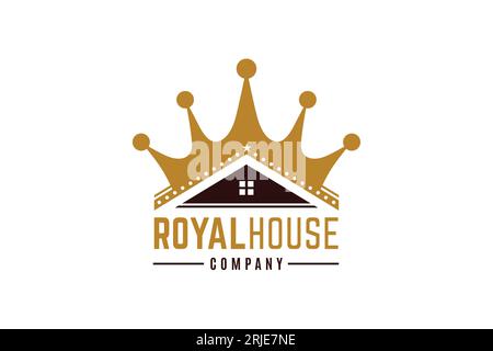 Simbolo della casa con corona d'oro, King Queen Crown Home for Real Estate, proprietà, Casa in affitto, Hotel, Logo dell'appartamento Vector Design Illustrazione Vettoriale