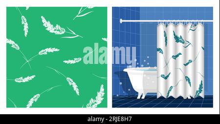 Interno del bagno con vasca e tenda decorata con erba cerealicola e soffice corona di prato senza cuciture. Illustrazione vettoriale, orn Illustrazione Vettoriale