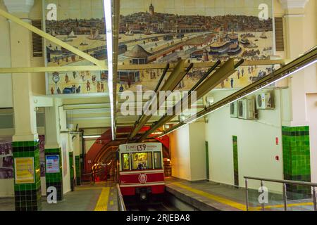 Tunnel di Stanobul, vista interna stazione ferroviaria inclinata di Beyoglu. Il Tunnel è una breve linea ferroviaria sotterranea a Istanbul, Turchia. E' un sottosuolo Foto Stock
