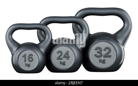 Set di kettlebells 16, 24, 32 kg, rendering 3D isolato su sfondo bianco Foto Stock