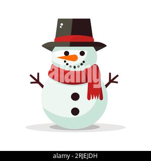 Pupazzo di neve con una sciarpa isolata su uno sfondo bianco. Design piatto. Illustrazione vettoriale Illustrazione Vettoriale