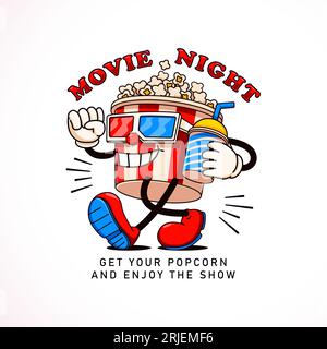 Mascotte dei cartoni animati popcorn che va al cinema. Perfetto per loghi, mascotte, t-shirt, adesivi e poster Illustrazione Vettoriale