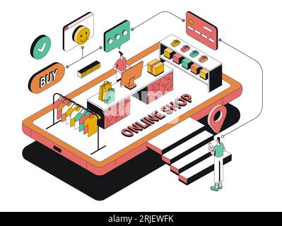 Illustrazione moderna del design isometrico dell'e-Commerce. Concetto di shopping online. Può essere utilizzato per siti Web e siti Web mobili o Landing page. Facile da modificare Illustrazione Vettoriale