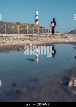 Vista posteriore di un turista anonimo che cammina lungo la piccola collina e il faro in una giornata soleggiata e senza nuvole Foto Stock