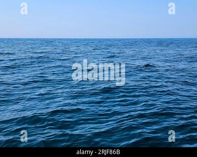 Acque calme e blu sul lago Michigan con cielo azzurro all'orizzonte Foto Stock