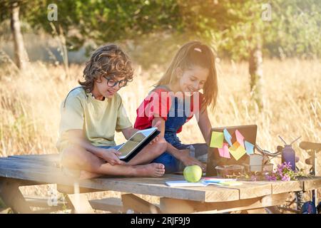 Ragazzi e ragazze che si divertono seduti su un tavolo da picnic in legno e guardano i video sui gadget insieme nelle luminose giornate estive in campagna Foto Stock