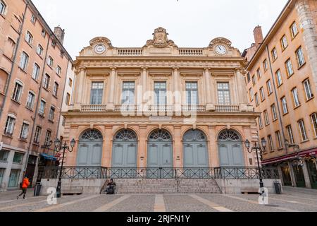 Lione, Francia - 25 gennaio 2022: Il Tempio del cambiamento, precedentemente utilizzato per la borsa di Lione, è assegnato al culto protestante dal 180 Foto Stock