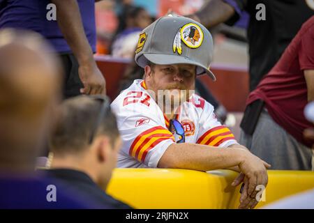 Landover, MD, USA - 21 agosto 2023 : tifosi dei Washington Commanders prima della gara di pre-stagione tra i Baltimore Ravens e i Washington Commanders a Landover, MD. Fotografo: Cory Royster Foto Stock