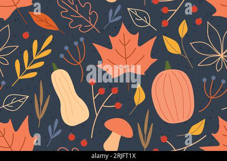 motivo autunnale senza cuciture con foglie, zucche ed elementi floreali; ideale per confezioni, tessuti, carta da parati, biglietti d'auguri e illustrazioni vettoriali Illustrazione Vettoriale