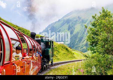 Brienz Rothorn Railway, una famosa ferrovia a cremagliera d'epoca sulla Brienzer Rothorn nelle Alpi Emmental nella regione svizzera dell'Oberland Bernese Foto Stock