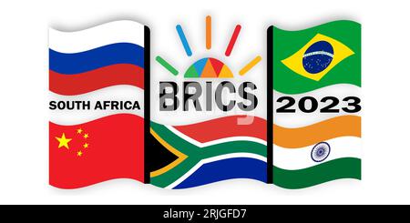 Il 22 agosto si è aperto a Johannesburg, Sudafrica, il 15° vertice BRICS. Logo Summit e bandiere Brasile, Russia, India, Cina, Sud Africa Foto Stock