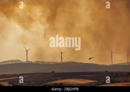 Devastante incendio ad Alexandroupolis Evros, Grecia, disastro ecologico e ambientale, fumo coperto dal cielo, turbine eoliche in fiamme. Foto Stock